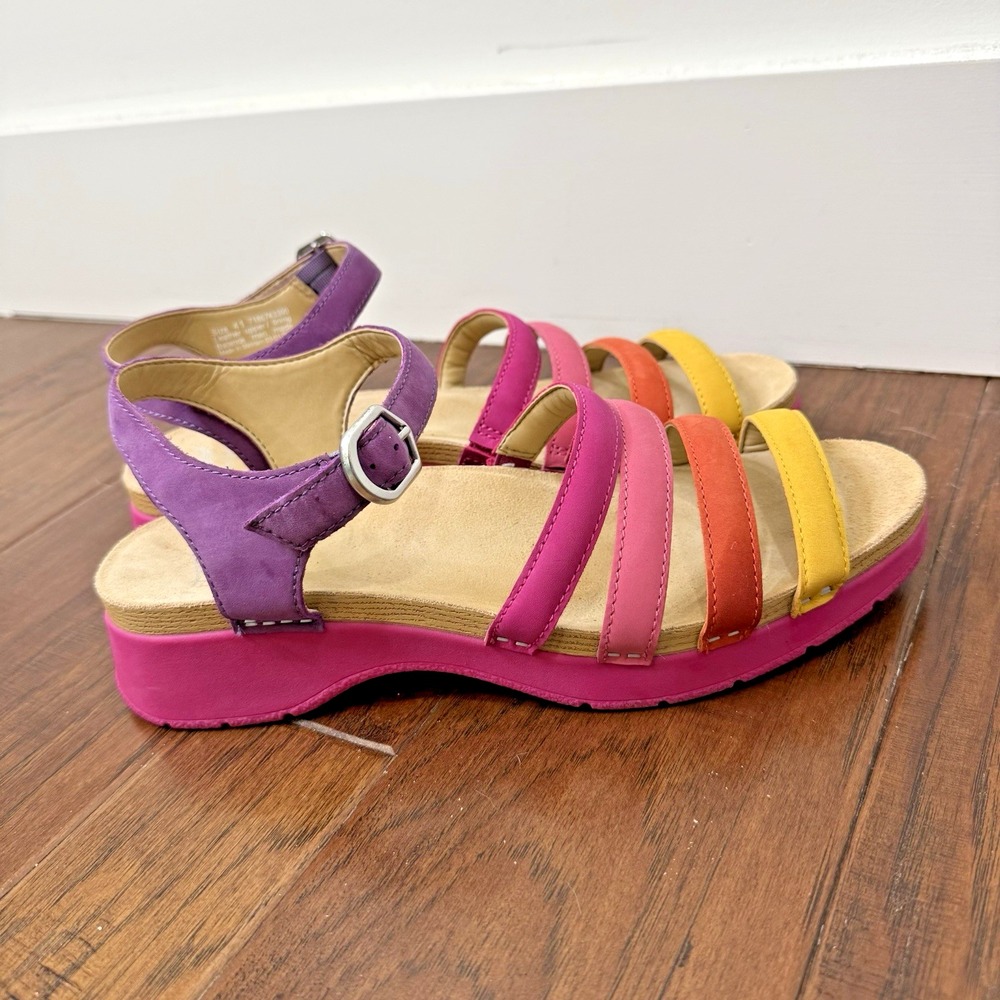 Dansko Multicolor Rainbow Strap Sandals — Purple, Pink, Orange, Yellow